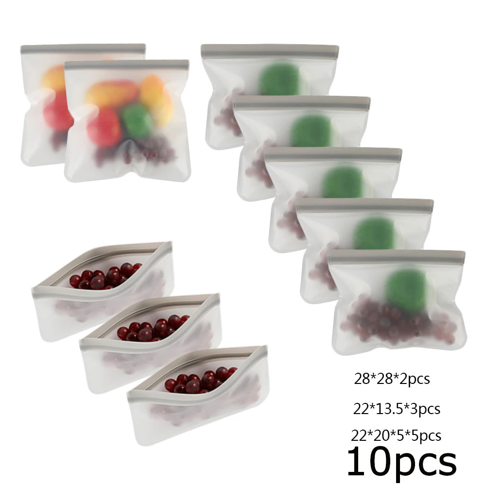 10-Piece Reusable PEVA Food Storage Bag Set – BPA-Free, Leakproof, Freezer Safe, Eco-Friendly Kitchen Organizer